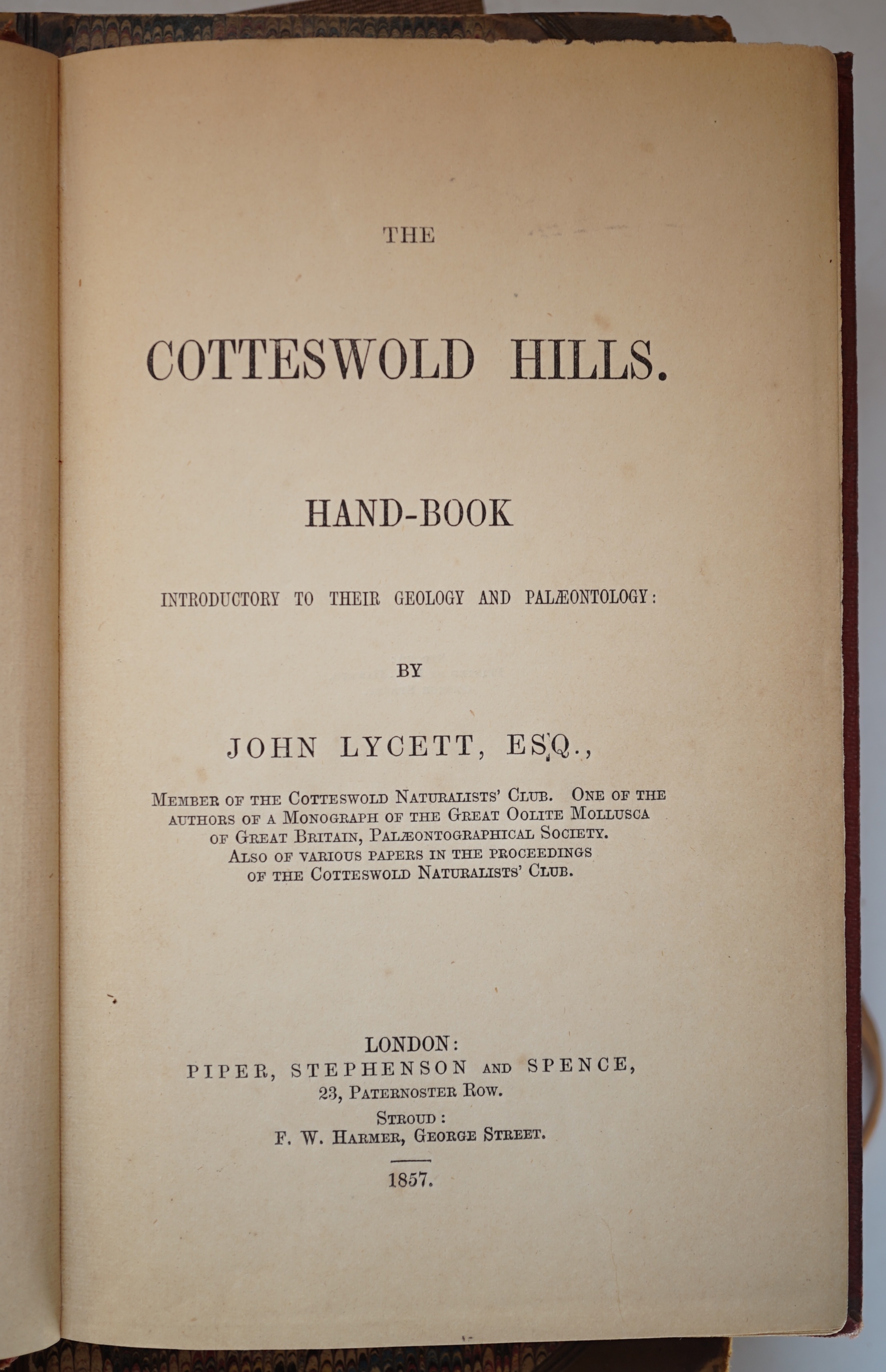 Morris, John - A Catalogue of British Fossils, 2nd edition, 1854; Lycett, John - The Cotteswold Hills. Hand-Book Introductory to their Geology and Palaeontology, 8vo, red blind stamped cloth, spine partly torn, 1857; Cuv